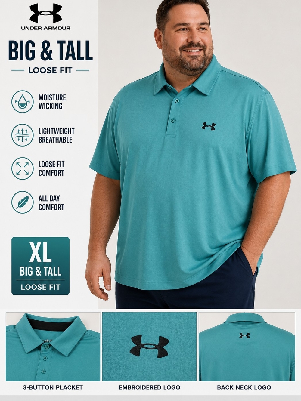 Under Armour HeatGear Polo Shirt Teal Blue XL Loose Fit Golf Performance